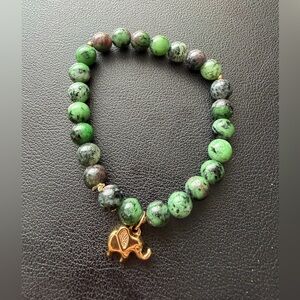 Ruby Zoisite Beaded Stretch Bracelet w/ Gold Elephant Charm